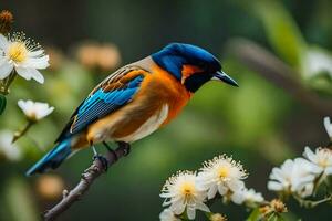 een kleurrijk vogel zit Aan een Afdeling met wit bloemen. ai-gegenereerd foto