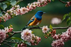 een blauw en oranje vogel zit Aan een Afdeling van een boom. ai-gegenereerd foto