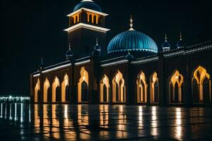 de moskee Bij nacht met de lichten Aan. ai-gegenereerd foto