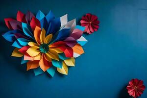 een kleurrijk bloem muur hangende Aan een blauw muur. ai-gegenereerd foto