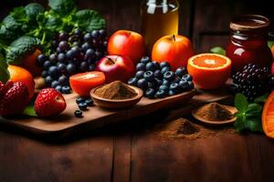 fruit en specerijen Aan een houten tafel. ai-gegenereerd foto