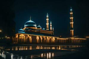 de moskee Bij nacht met haar lichten Aan. ai-gegenereerd foto
