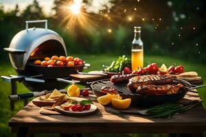 grillen Aan de rooster met een fles van wijn. ai-gegenereerd foto