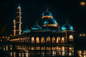 de moskee Bij nacht met blauw koepels. ai-gegenereerd foto