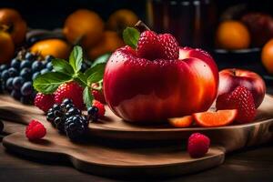 een rood appel, frambozen, en andere fruit Aan een houten snijdend bord. ai-gegenereerd foto