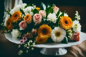 een boeket van bloemen Aan een wit bord. ai-gegenereerd foto