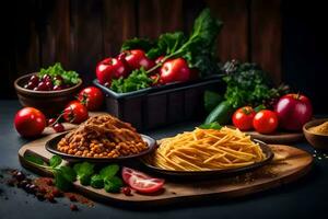 spaghetti en groenten Aan een houten bord. ai-gegenereerd foto