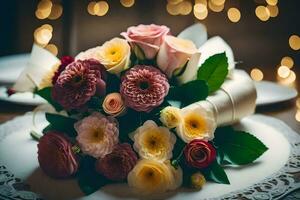 een boeket van bloemen Aan een tafel. ai-gegenereerd foto