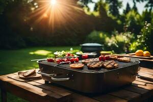 een barbecue rooster met vlees en groenten Aan het. ai-gegenereerd foto