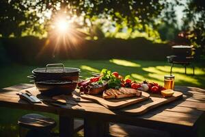 een tafel met voedsel en gereedschap Aan het in de zon. ai-gegenereerd foto