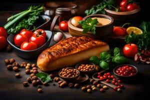 voedingsmiddelen met ingrediënten Aan een houten tafel. ai-gegenereerd foto