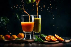 sap wezen gegoten in een glas van oranje sap. ai-gegenereerd foto