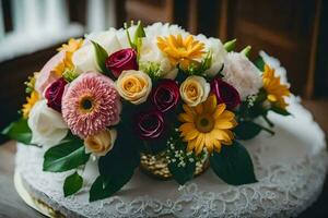 een boeket van bloemen Aan een tafel. ai-gegenereerd foto