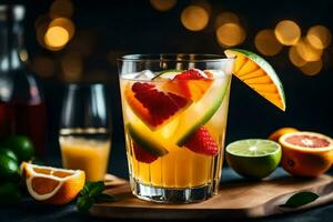 een glas van oranje sap met fruit en oranje plakjes. ai-gegenereerd foto
