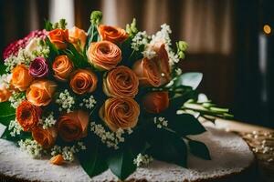 oranje en roze rozen in een boeket. ai-gegenereerd foto