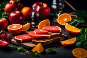 een snijdend bord met gesneden fruit en een glas van wijn. ai-gegenereerd foto