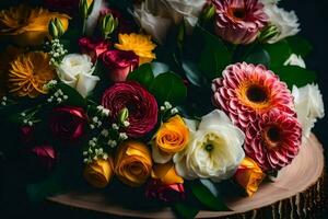 een boeket van bloemen Aan een houten tafel. ai-gegenereerd foto