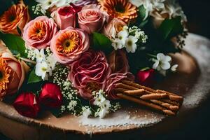 een boeket van bloemen zittend Aan een taart. ai-gegenereerd foto