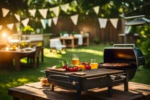 een barbecue rooster Aan een tafel in de achtertuin. ai-gegenereerd foto