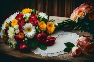 kleurrijk boeket van bloemen Aan een tafel. ai-gegenereerd foto