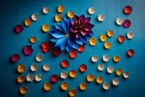 kleurrijk papier bloemen Aan een blauw muur. ai-gegenereerd foto