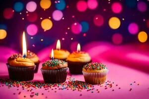 verjaardag kaarsen en cupcakes Aan een roze achtergrond. ai-gegenereerd foto