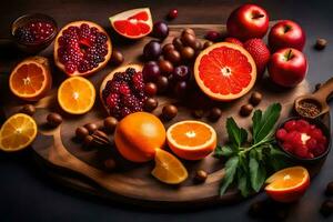 een houten snijdend bord met divers fruit en noten. ai-gegenereerd foto