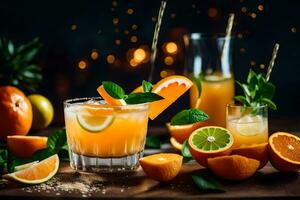 oranje cocktail met limoen plakjes en munt bladeren Aan een houten tafel. ai-gegenereerd foto