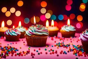 verjaardag kaarsen Aan cupcakes. ai-gegenereerd foto