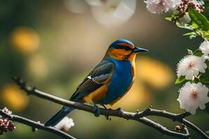 een kleurrijk vogel zit Aan een Afdeling met bloemen. ai-gegenereerd foto