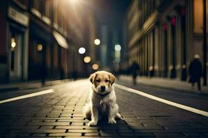 een hond zittend Aan de straat Bij nacht. ai-gegenereerd foto