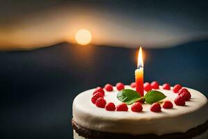 een verjaardag taart met een single kaars Aan top. ai-gegenereerd foto