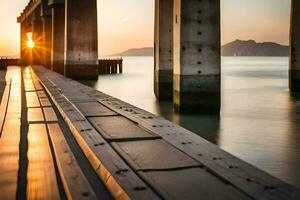 de zon is instelling over- de water en een pier. ai-gegenereerd foto