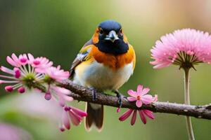 een vogel is zittend Aan een Afdeling met roze bloemen. ai-gegenereerd foto