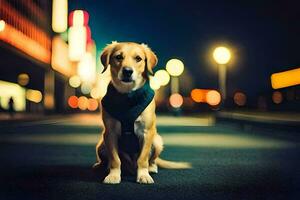 een hond zittend Aan de straat Bij nacht. ai-gegenereerd foto