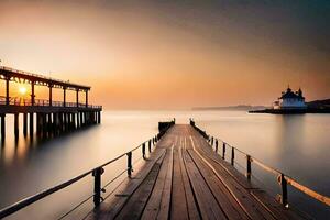 een lang blootstelling foto van een pier Bij zonsondergang. ai-gegenereerd