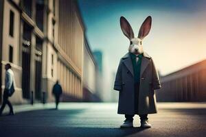 een konijn vervelend een jas en stropdas staand in de midden- van een stad straat. ai-gegenereerd foto