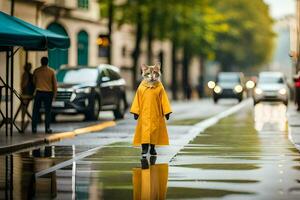 een vos in een regenjas wandelen naar beneden een straat. ai-gegenereerd foto