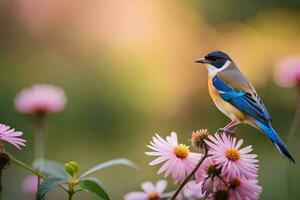 een vogel is neergestreken Aan een bloem in voorkant van een wazig achtergrond. ai-gegenereerd foto