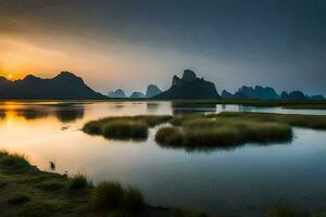 de zon stijgt over- een meer en bergen in China. ai-gegenereerd foto