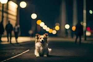 een hond zittend Aan de straat Bij nacht. ai-gegenereerd foto