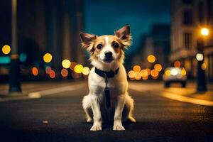 een hond zittend Aan de straat Bij nacht. ai-gegenereerd foto