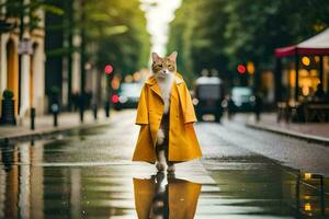 een kat in een geel jas wandelen naar beneden een straat. ai-gegenereerd foto