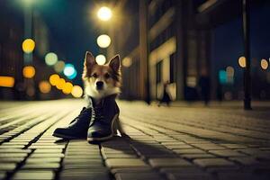 een hond zittend in een paar- van laarzen Aan een straat Bij nacht. ai-gegenereerd foto