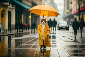 een kat in een geel regenjas staand Aan een nat straat. ai-gegenereerd foto