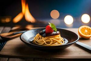 een bord van spaghetti met een aardbei Aan top. ai-gegenereerd foto