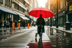 een persoon wandelen naar beneden een straat met een paraplu. ai-gegenereerd foto