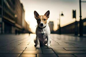 een hond zittend Aan de straat in de stad. ai-gegenereerd foto