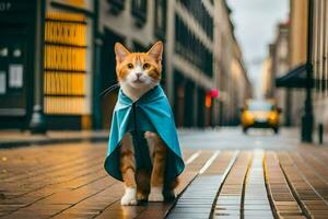 een kat vervelend een blauw kaap Aan een straat. ai-gegenereerd foto