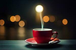 een rood kop van koffie Aan een tafel met een licht schijnend Aan het. ai-gegenereerd foto